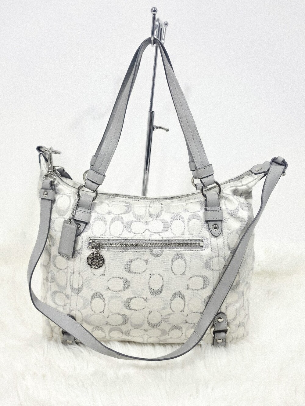Coach F18378 Signature Gray and Silver Jacquard  Shoulder Purse